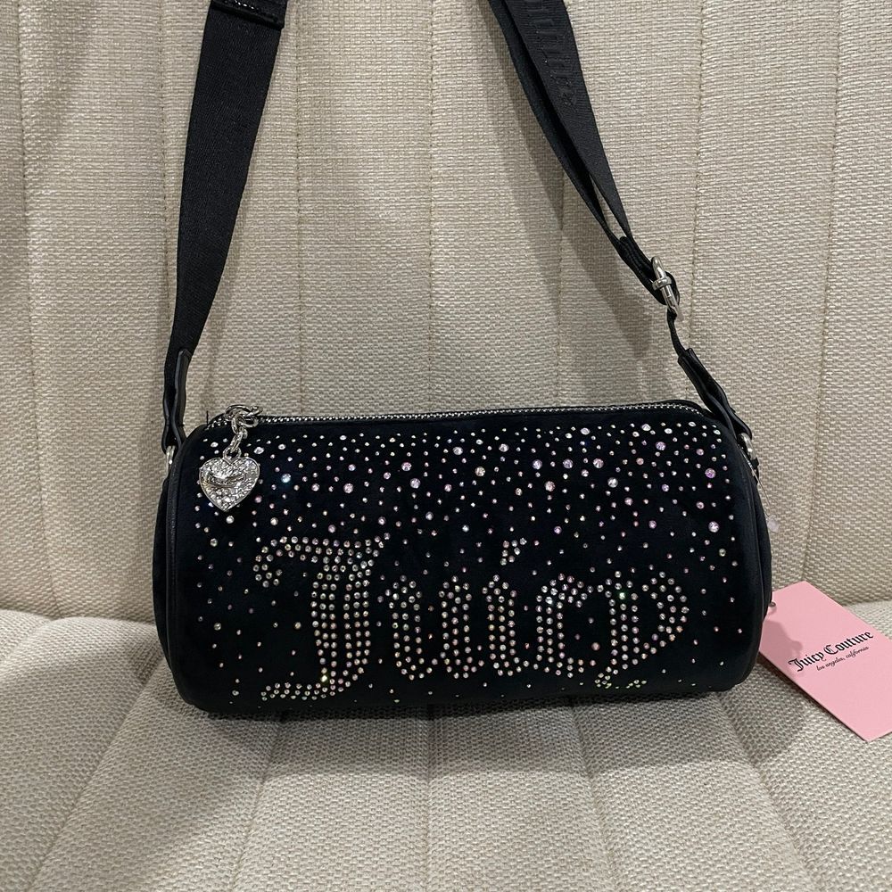 NEW Juicy Couture Black Velour Rhinestone Barrel Bag Crossbody Heart Charm